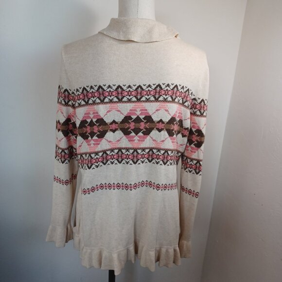Pendleton Cardigan Ruffle Waterfall Style Cotton Aztec Neutral Print Women Large - Picture 8 of 15